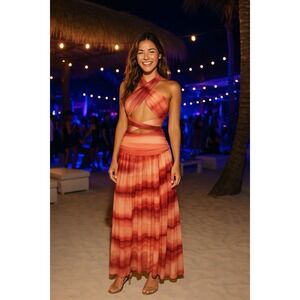 SHEIN Boho Halter Wrap Maxi Sheer Dress Pink Ombre Cutout Resort Goddess Women M